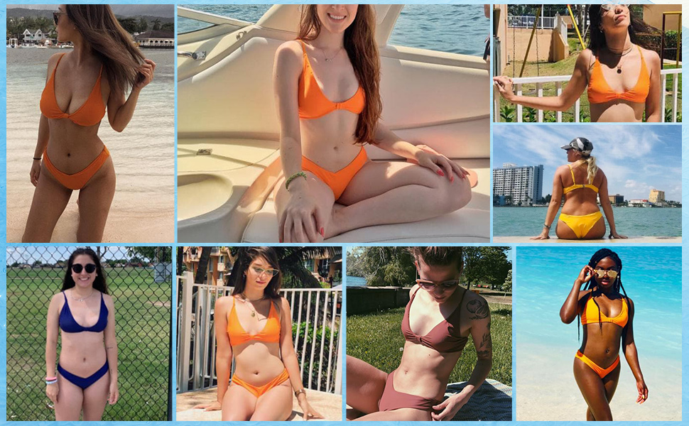 2 piece knot front padding triangle neon bikini slip high leg swimsuit