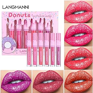 6PCS Set Donut Glitter Lip Gloss Shiny Diamond Liquid Lipstick Metallic Lip Color Lip Stains Tints
