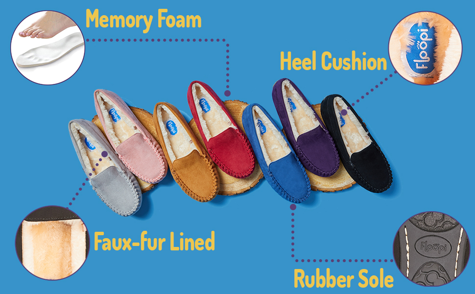 floopi womens indoor outdoor basic memory foam moccasin slipper faux fur collar