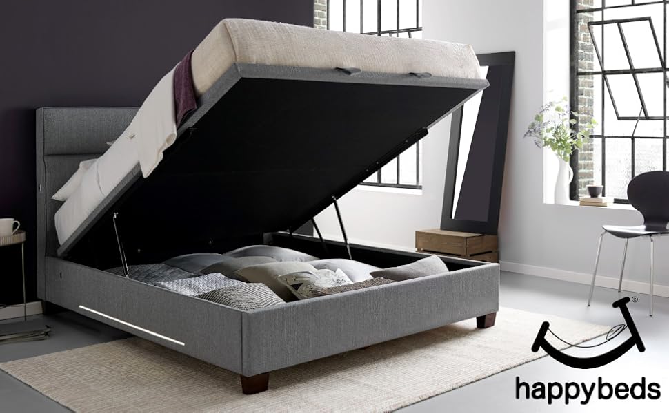 Ottoman Storage Bed with 2 USB Charging Ports and LED Light, Happy Beds