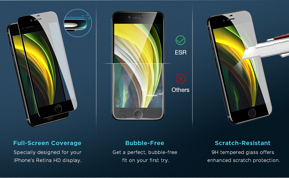 ESR iPhone SE 2020/8/7/6/6s Screen Protector (2 Pack), [3D Curved Glass