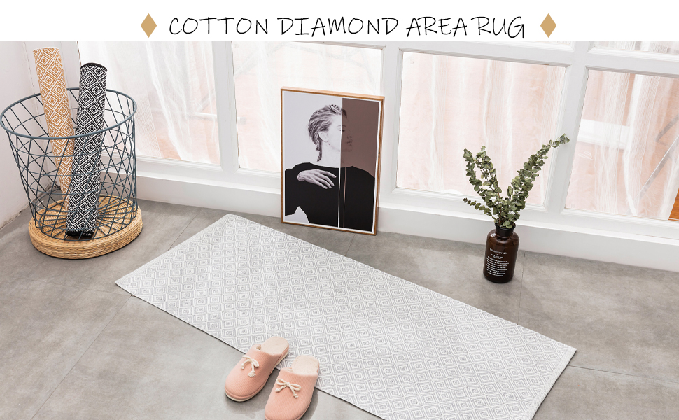 Cotton Doormat Front Porch Rug, Woven Reversible Kitchen Rug Diamond, Farmhouse Layered Welcome Door