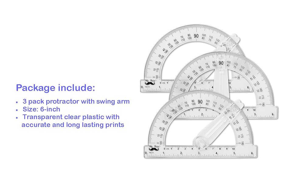 Mr. Pen Protractor, 6 Inches Protractor with Swing Arm, Pack of 3