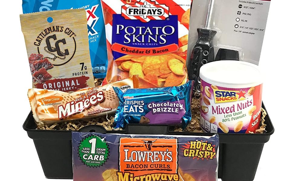 Gift Baskets For Men Toolbox with Chips, Nuts, Jerky