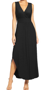 Sleeveless Deep V Neck Pocket Loose Split Long Maxi Casual Dresses 