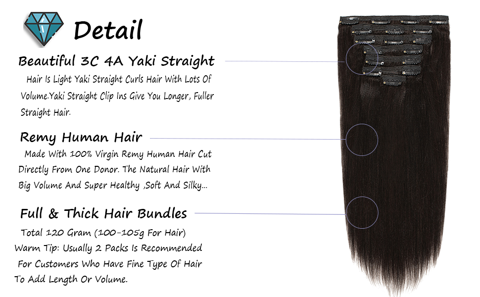 Anrosa Yaki Hair Clip in Yaki Hair Extensions Clip in