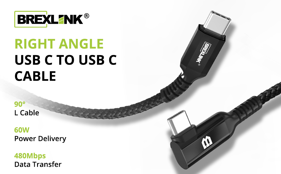 BrexLink Right Angle Cable 6.6ft usb c to usb c 90 Degree Fast Charge Type C to Type C Cable 