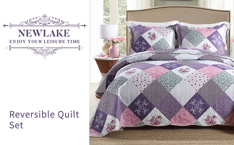 NEWLAKE Quilt Bedspread SetsFloral Checkered Pattern