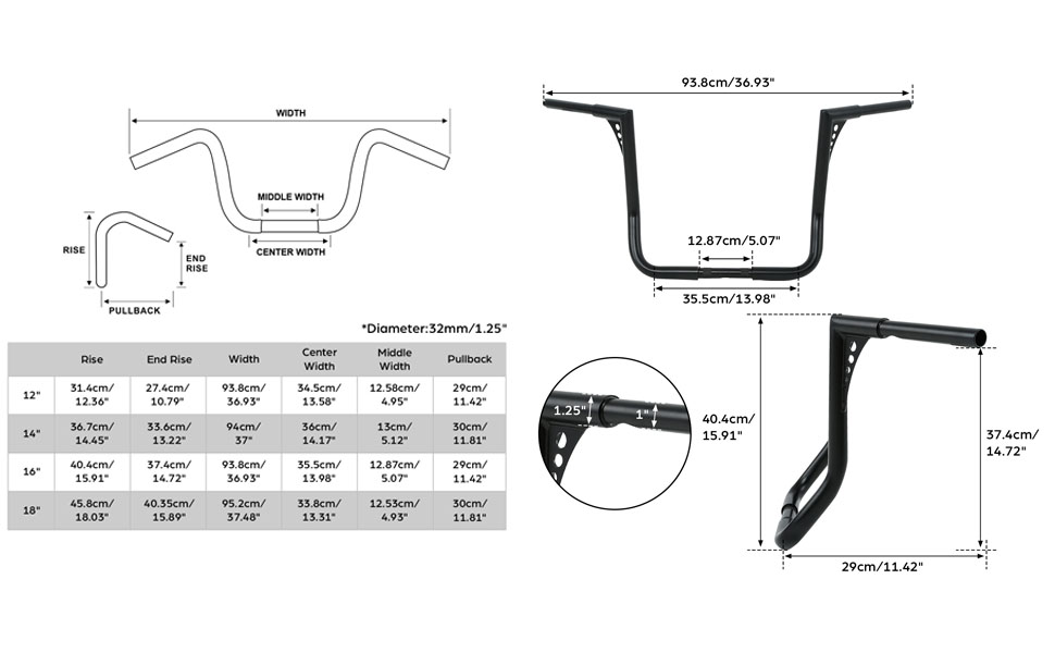XFMT 11/4" Rise 14" Ape Hangers Bars HandleBars Compatible with Harley