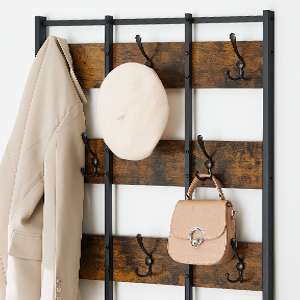 Songmics VASAGLE Appendiabiti Autoportante, Portaoggetti Per Ingresso, 8 Ganci Doppi, Panca Scarpiera, 2 Ripiani A Rete, Camera Da Letto, Struttura In Acciaio, Industriale, Marrone Vintage E Nero 15 1