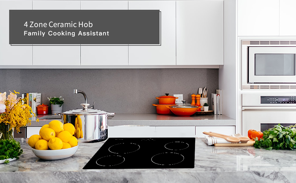 NOXTON Ceramic Hob, Built-in 4 Zone Electric Hobs 60cm Black Glass Panel Cooker With Touch Controls 10 4 zone ceramic hob