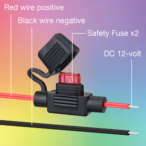 Red wire is positive, black wire is negative, working voltage is 12