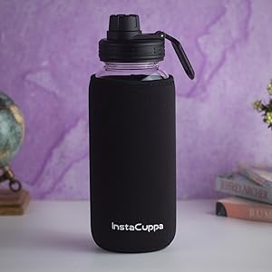 InstaCuppa BPA Free Borosilicate Glass Water Bottle 1000 ML - Removable Sleeve for Protection