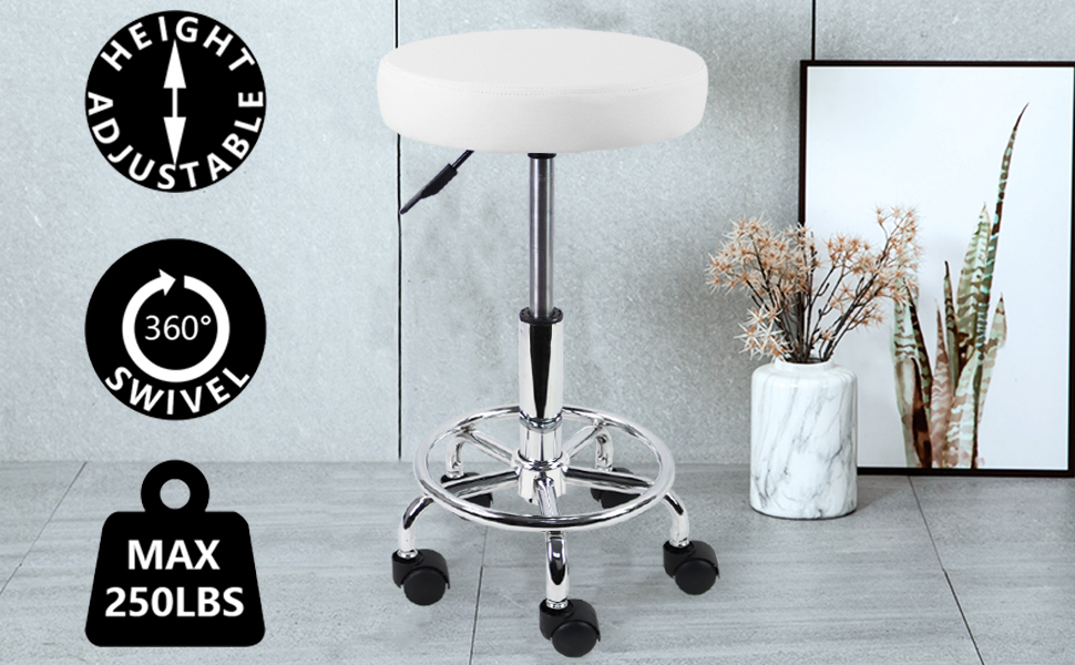 Rolling Stool with Foot Rest - White PU Leather -11