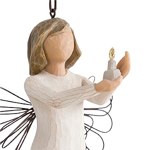 Close up detail of figure holding candle.