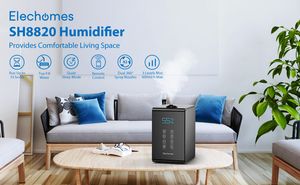 Elechomes TopFill Ultrasonic Humidifier 5.5L, Warm and Cool Mist, Dual 360° Mist Nozzles