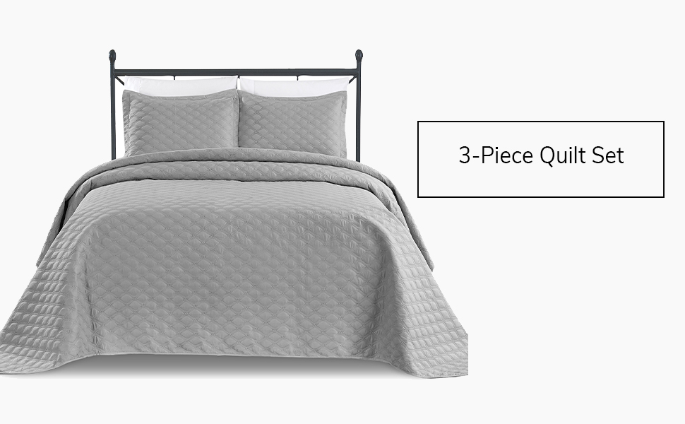 Basic Choice 3piece Oversized Quilted Bedspread Coverlet Set Silver