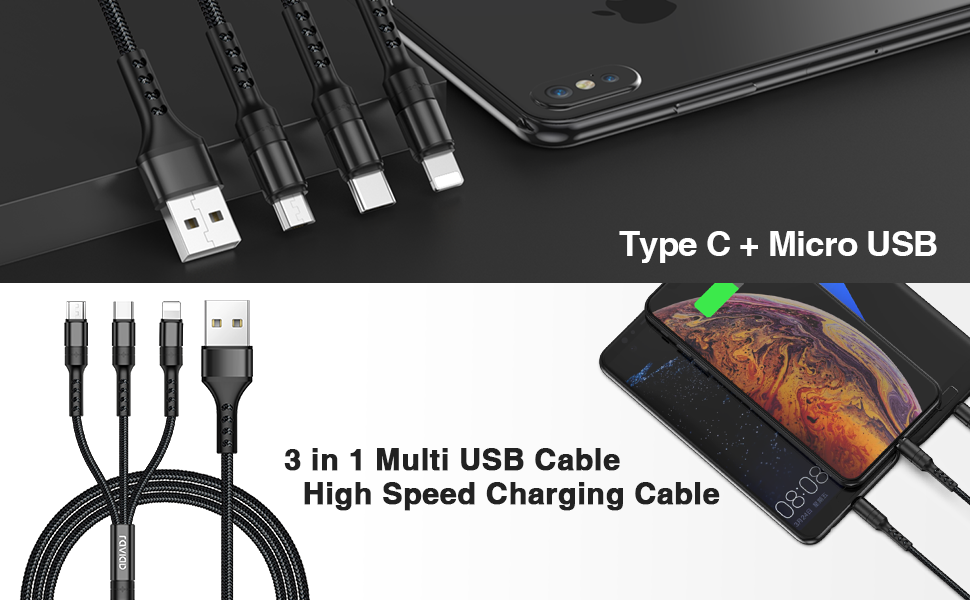 Mobile Phone Charging Cable 3in1 Type-C Micro USB IOS For IPhone Samsung Huawei_voghion.com
