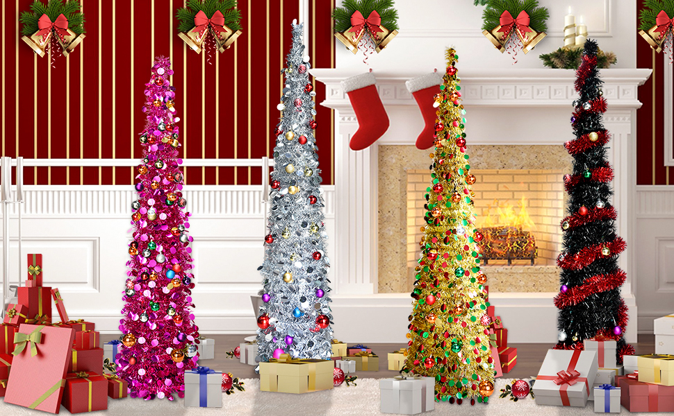 Collapsible Christmas TreesYuQi Tinsel Artificial Xmas Tree with Stand 5 Foot Tall for Home