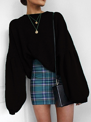 Loose Drop Shoulder Long Lantern Sleeve Round Neck Fashion Pullover Knit Sweater Tops