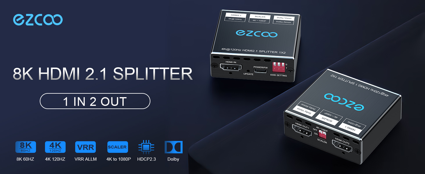 その他 1x2 HDMI2.1 Splitter MT-VIKI 4K HDMI Splitter 1 in 2 Out, 1x2 Powered HDMI