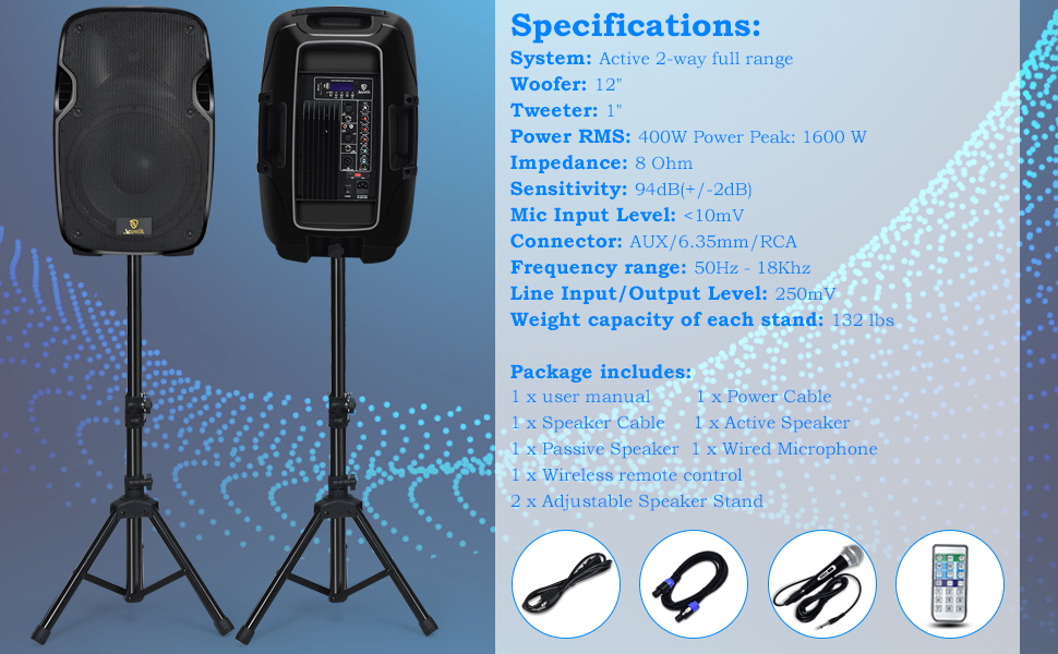 AKUSTIK Dual 2Way Powered PA Speaker System, Portable DJ Speaker with Active