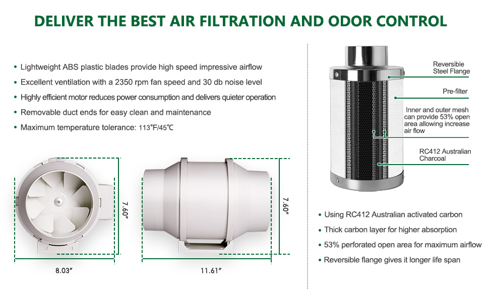 4” Inline Duct Fan 4” Carbon filter ventilation kit for grow tent inline fan and carbon filter combo