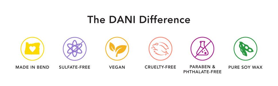 Sulfate Free, Vegan, Cruelty-Free, paraben free, soy wax, made in bend,, DANI, US Manufactured