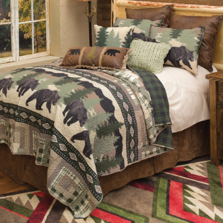 Black Forest Decor Black Bear Log Cabin Quilt on Bed