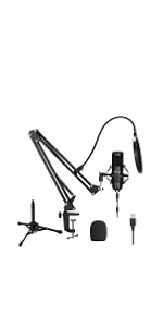 AGPTEK マイクセット USB マイク コンデンサーマイク マイクスタンド スタジオマイク ポップガード付き 単一指向性360°調整でき