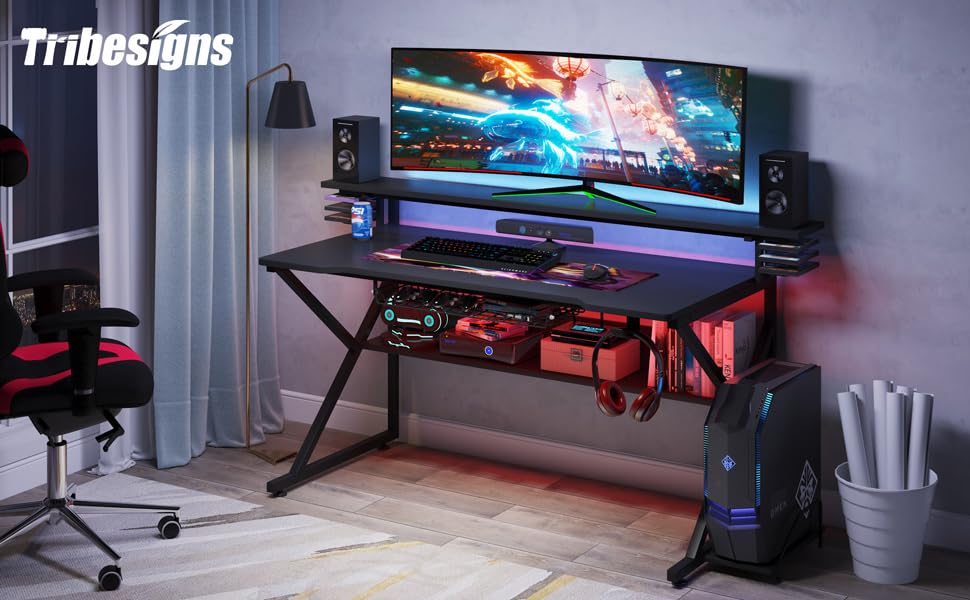 Tribesigns Gaming Desk with Storage Shelf and Monitors Shelf