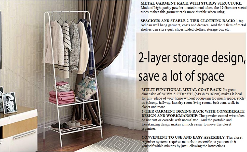 ADA Heavy Duty Steel Clothing Garment Rack with 2 with Bottom Shelves Freestanding Clothes