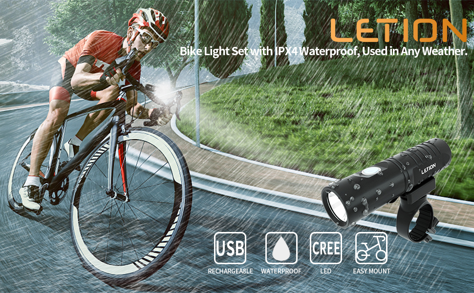 LETION Bike Lights Set Rechargeable 800 Lumen Super Bright Bicycle Lights Waterproof Runtime 5+ Hours Front Lights and Back Rear LED for All Bicycles Mountain Roads Camping