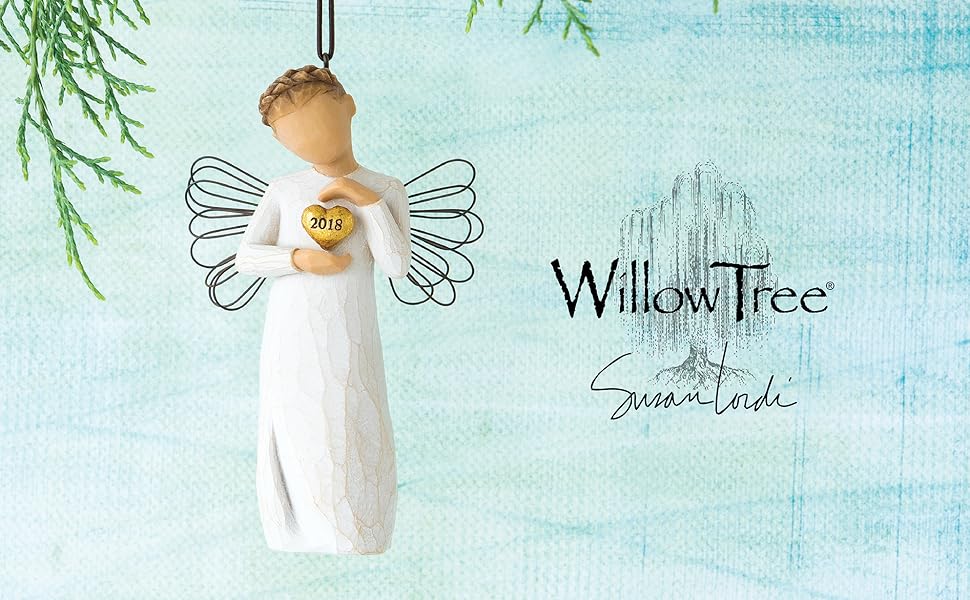 Willow Tree 2018 ornament, angel with hands surrounding gold heart on chest.