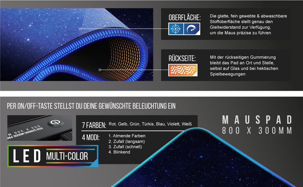 Titanwolf RGB Gaming LED Multi Color Effektmodi Gummierte Unterseite abwaschbar Mauspad Galaxy
