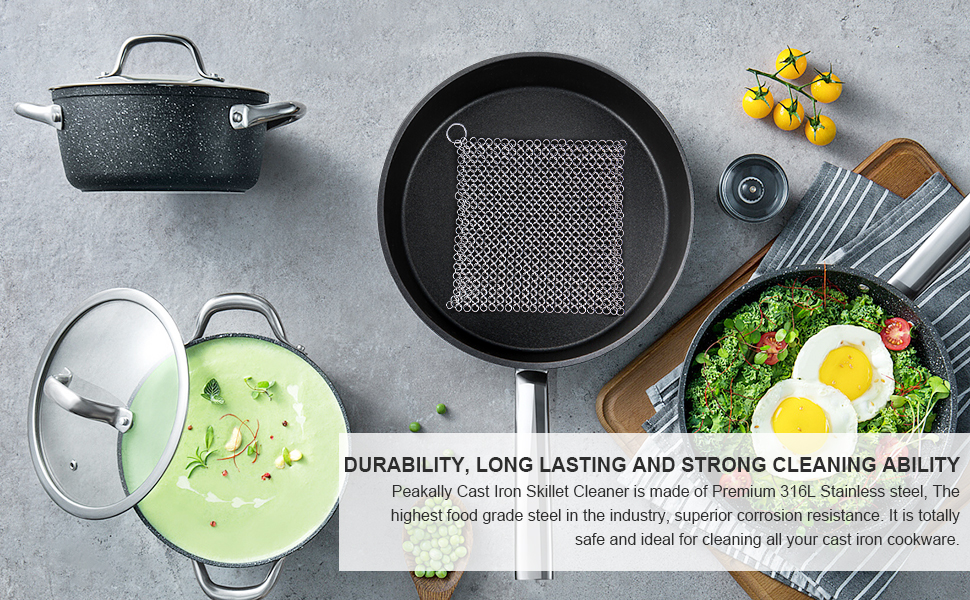 Peakally Cast Iron Skillet Cleaner,316L Stainless Steel Chainmail Scrubber,8 * 6''Premium Chain