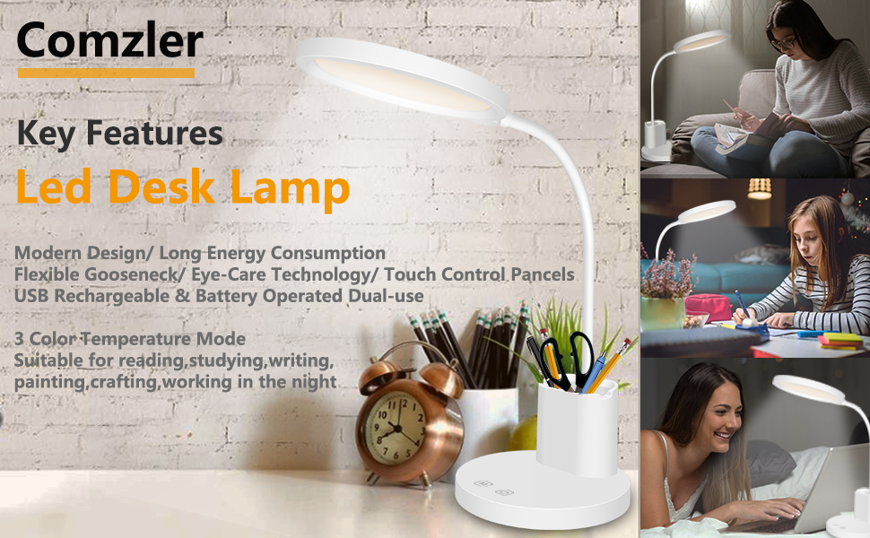 Rechargeable LED Desk Lamp, Touch Control Table Lamps with Flexible