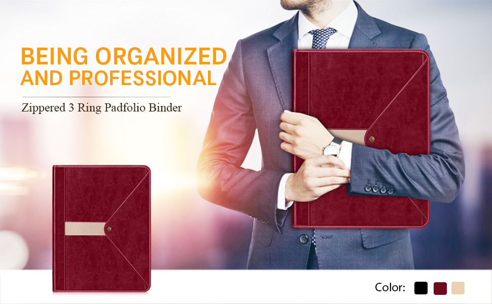 Zippered Padfolio with 3 Ring Binder (1’’ Round Ring), Toplive Business