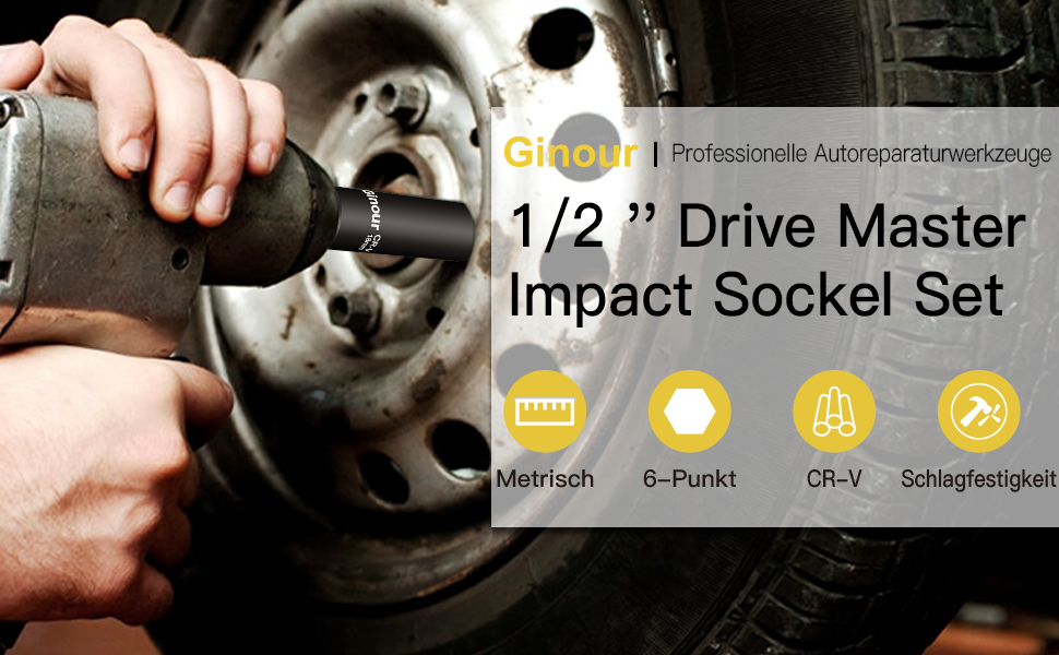 Ginour Impact Wrench Socket Set, 19 Pieces, 1/2 inch Power Socket Set