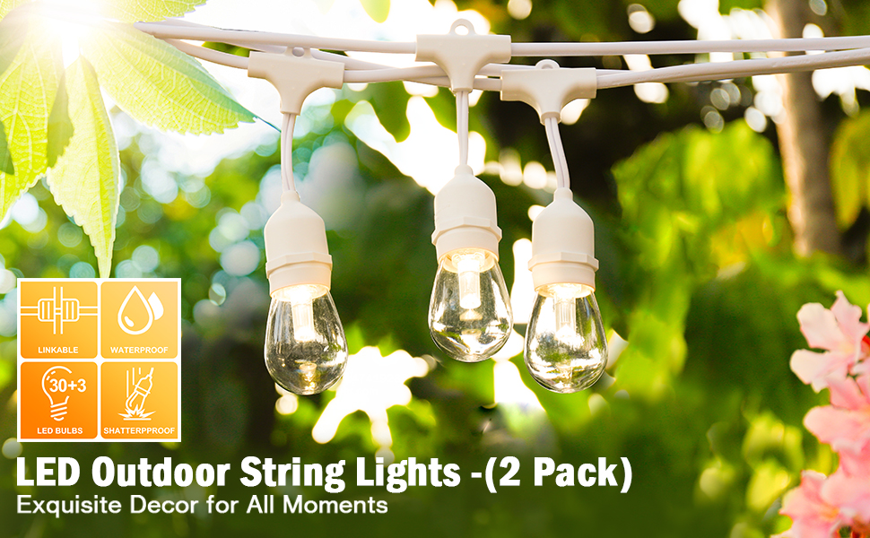 96FT (2x48FT) LED Dimmable Outdoor String Lights, Patio String Lights