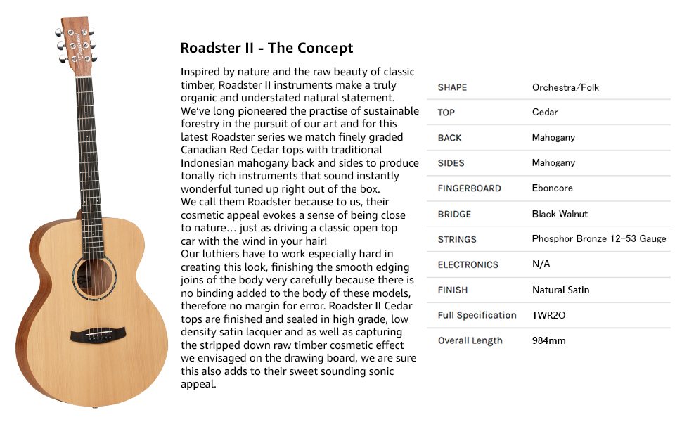 Tanglewood Roadster II TWR2 O Acoustic Guitar, 6 Strings, Orchestra, Natural Satin Finish 2 SPN-UGL