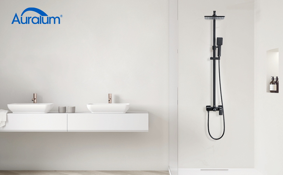 Auralum Columna de Ducha 2 funciones con Grifo, Barra Ducha Altura Ajustable 85-120cm, 23x23 cm Alcachofa Ducha lluvia y Ducha de Mano, Negro Set de ...