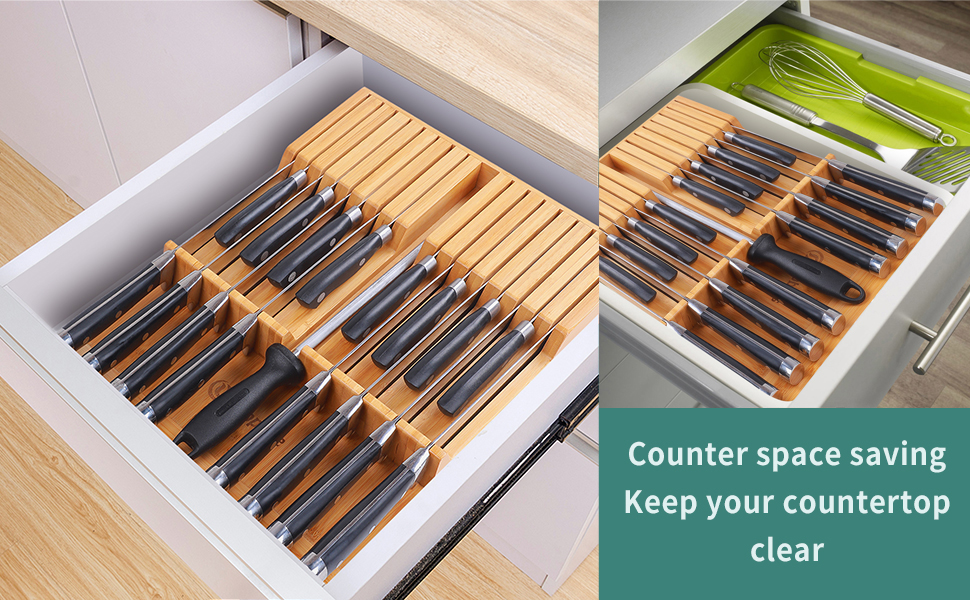 Utoplike inDrawer Knife Block Bamboo Kitchen Knife Drawer Organizer