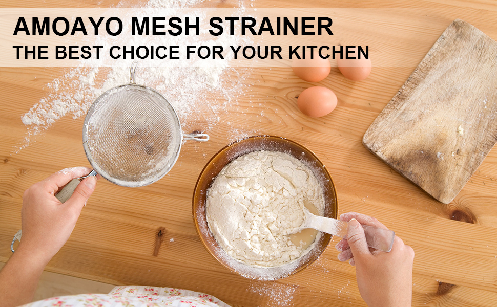 AMOAYO Mesh Strainer Stainless Steel Colander Sieve with Wooden Handle
