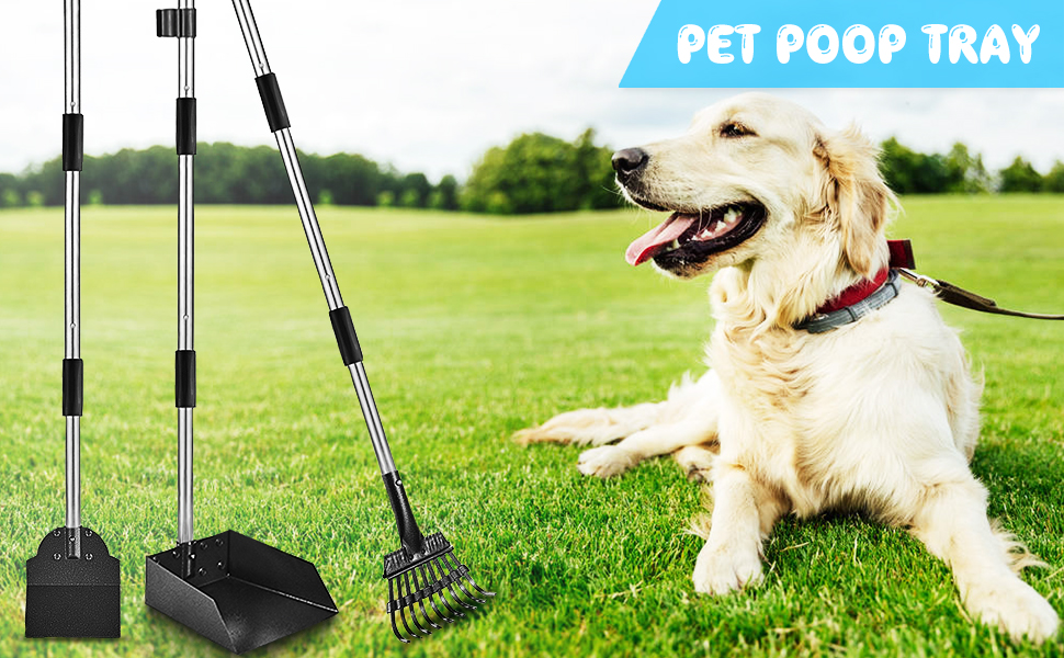 3 Pack Dog Pooper Scooper, Metal Long Handle Dog Poop Scoop Rake and