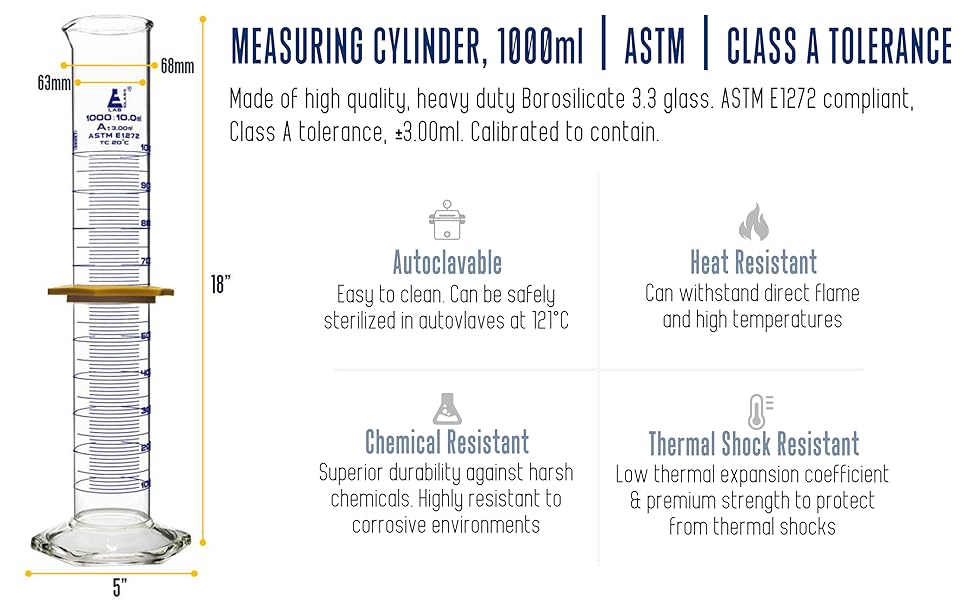 EISCO Graduated Cylinder, 1000mL ASTM, Class A Tolerance ±3.00mL