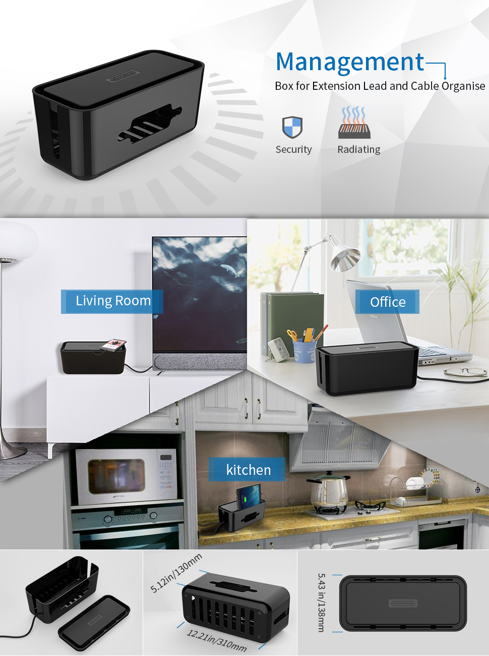Cable Management Box for Extension Lead Cable Tidy with Cable Holder