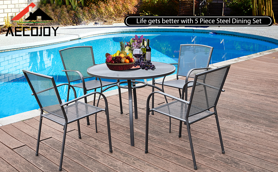 AECOJOY 5Piece Patio Metal Dining Set, Outdoor Metal Dining Table Set