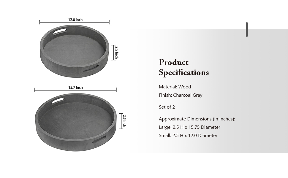 MyGift Rustic Charcoal Gray Wood Round Decorative Trays, 16 and 12 Inch Nesting Serving Trays