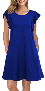 Summer Casual T Shirt Dresses Ruffle Sleeve Swing Dress Pockets 